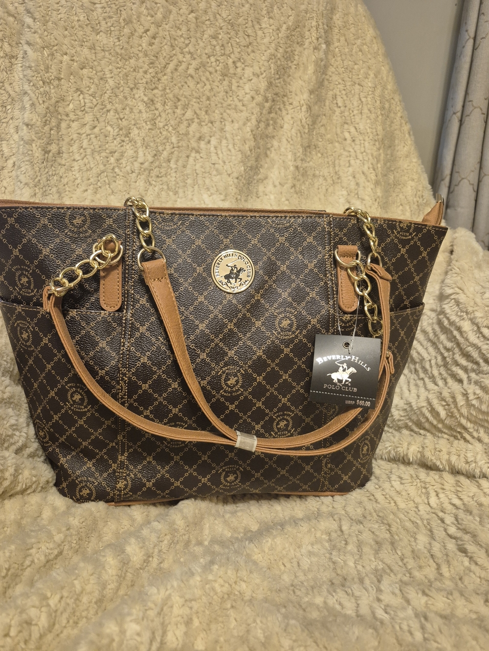 Beverly Hills Polo Club Brown Tote Bag with Tan Accents And Gold Chain Handle